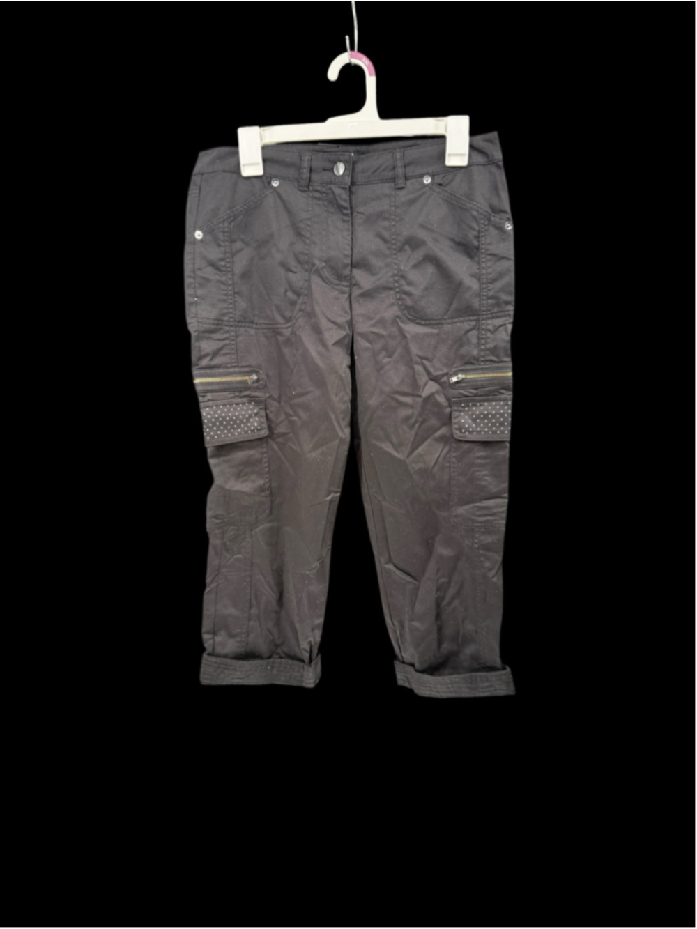 Women's Cache Black Cropped Cargo Pants Size 8 with White Polka Dot Accents
